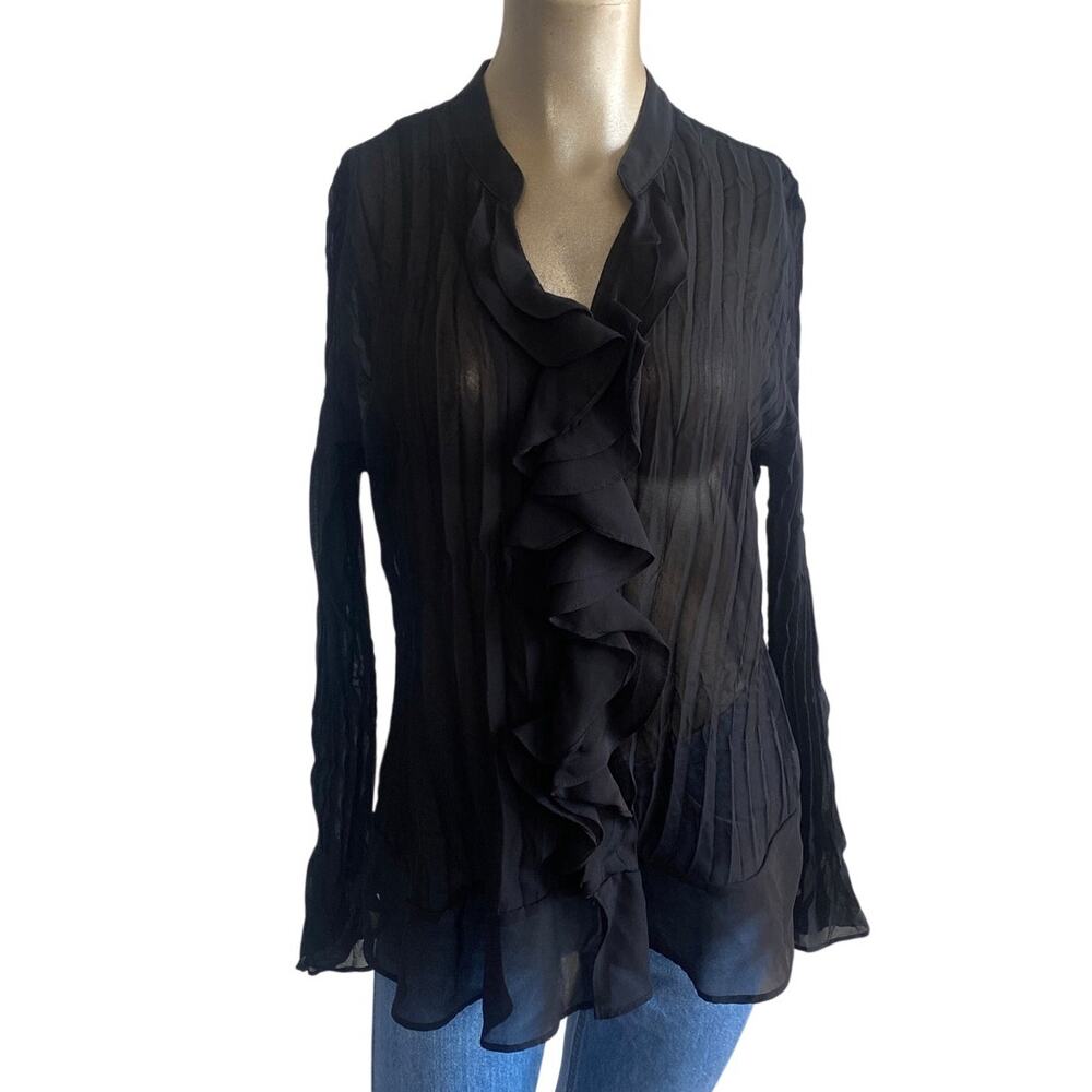 Style & Co. Petite Black Sheer Crinkled Ruffle Front Blouse Size 16P